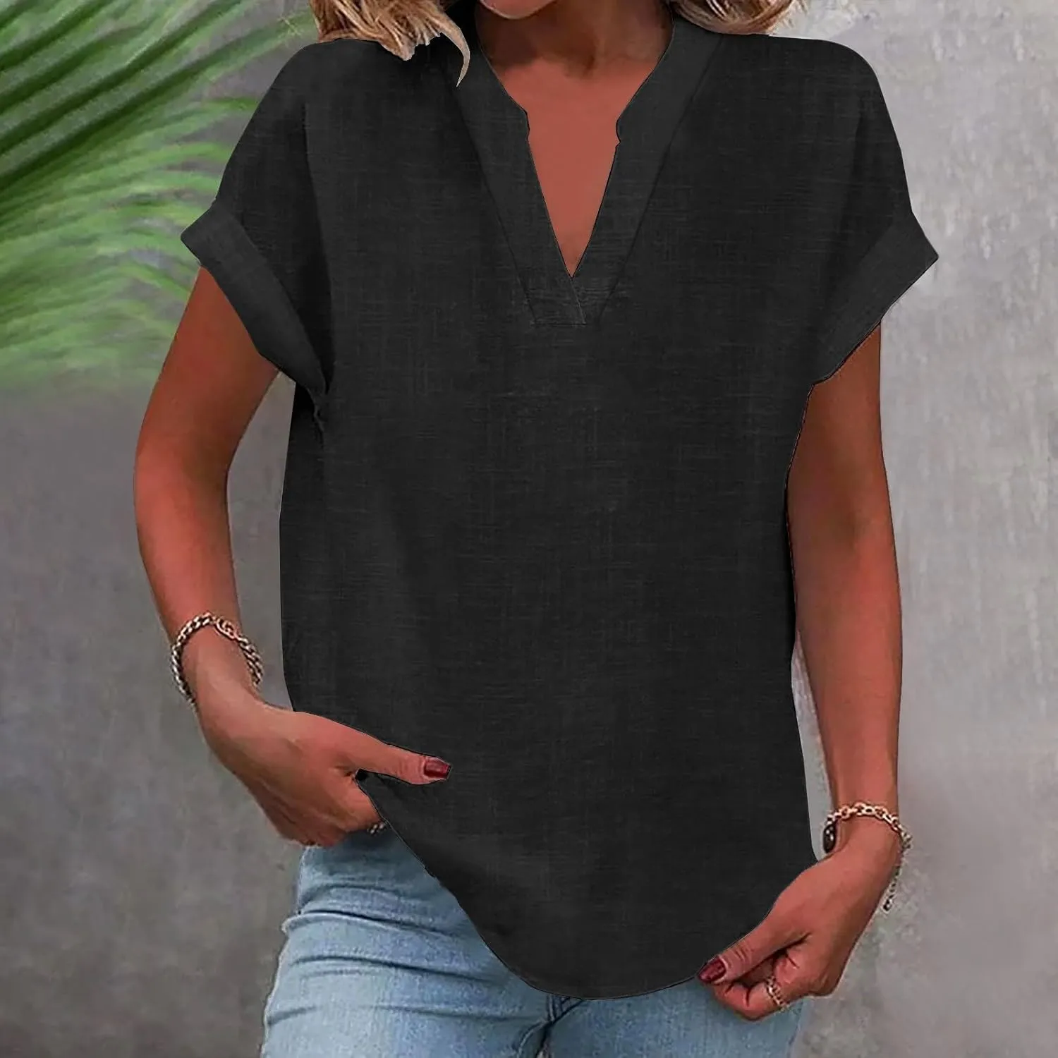 Short Sleeve Linen Tops for Womens 2025 Loose Casual Fitted V-Neck Button Down Shirts Cute Solid Summer Beach Tee