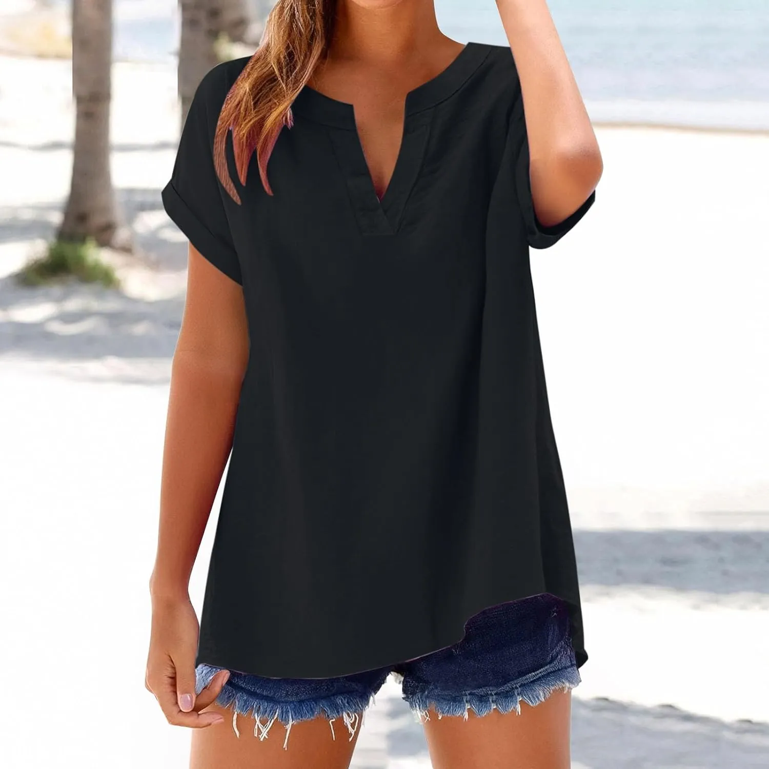 Short Sleeve Linen Tops for Womens 2025 Loose Casual Fitted V-Neck Button Down Shirts Cute Solid Summer Beach Tee