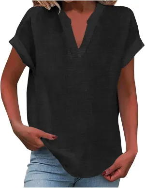 Short Sleeve Linen Tops for Womens 2025 Loose Casual Fitted V-Neck Button Down Shirts Cute Solid Summer Beach Tee