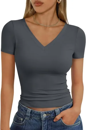 Short Sleeve Shirts for Women Slim Fit V Neck Cute Summer Basic Tops Y2K Plain Cropped T Shirts Going Out Tops