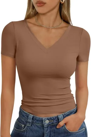 Short Sleeve Shirts for Women Slim Fit V Neck Cute Summer Basic Tops Y2K Plain Cropped T Shirts Going Out Tops