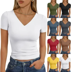 Short Sleeve Shirts for Women Slim Fit V Neck Cute Summer Basic Tops Y2K Plain Cropped T Shirts Going Out Tops