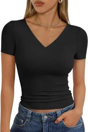 Short Sleeve Shirts for Women Slim Fit V Neck Cute Summer Basic Tops Y2K Plain Cropped T Shirts Going Out Tops
