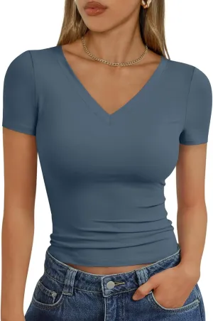 Short Sleeve Shirts for Women Slim Fit V Neck Cute Summer Basic Tops Y2K Plain Cropped T Shirts Going Out Tops