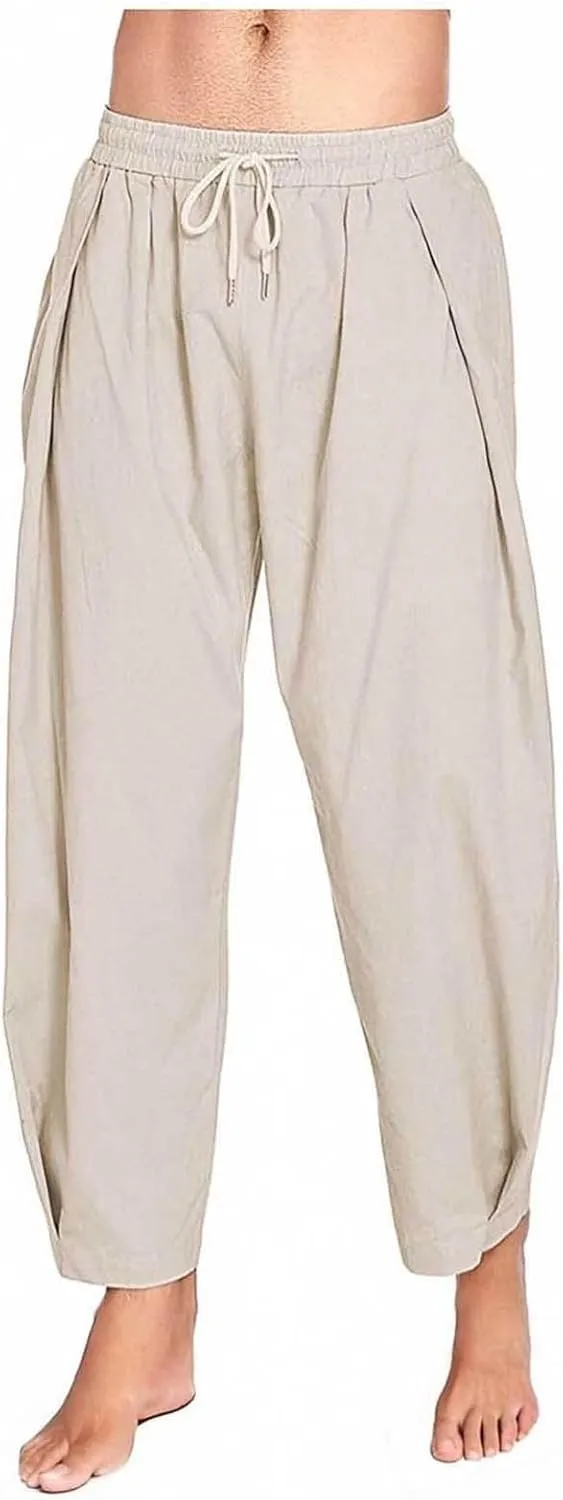 Sinzelimin Men's Linen Capri Pants Fashion Solid Color Cotton Drawstring Elastic Waist Loose Comfy Casual Wide Leg Sweatpant