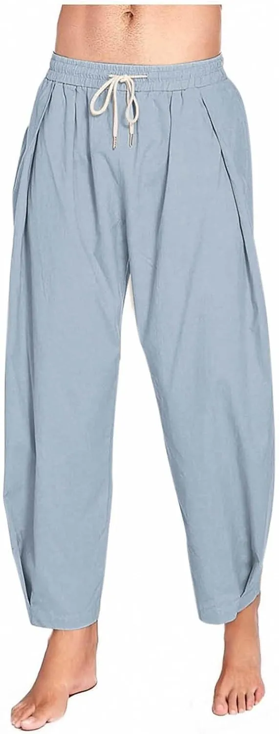 Sinzelimin Men's Linen Capri Pants Fashion Solid Color Cotton Drawstring Elastic Waist Loose Comfy Casual Wide Leg Sweatpant
