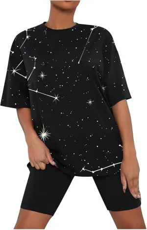 Soft Pajama Outfits Women 2 Piece Workout Sleepwear Short Sleeve Tops Biker Shorts Constellation Print Loungewear