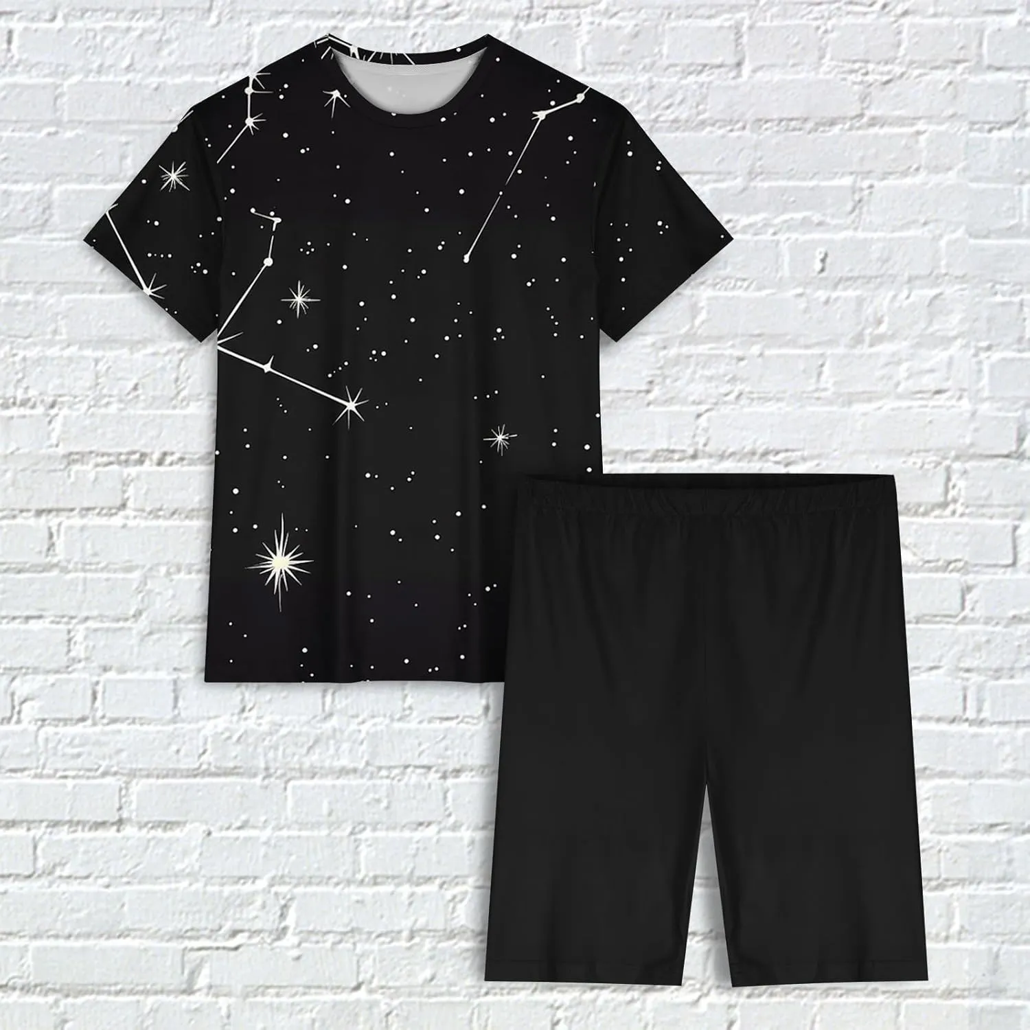 Soft Pajama Outfits Women 2 Piece Workout Sleepwear Short Sleeve Tops Biker Shorts Constellation Print Loungewear