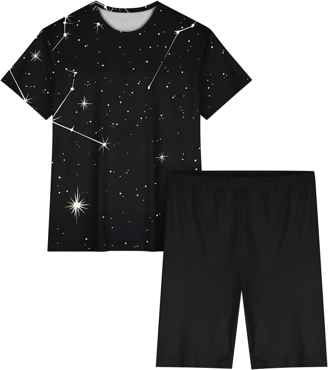 Soft Pajama Outfits Women 2 Piece Workout Sleepwear Short Sleeve Tops Biker Shorts Constellation Print Loungewear