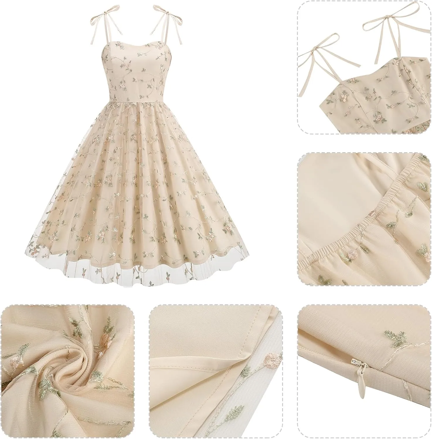Spaghetti Strap Floral Embroidered Dress for Women Wedding Guest Tea Party Dress for Woman Tulle Prom Formal Cocktail Dress