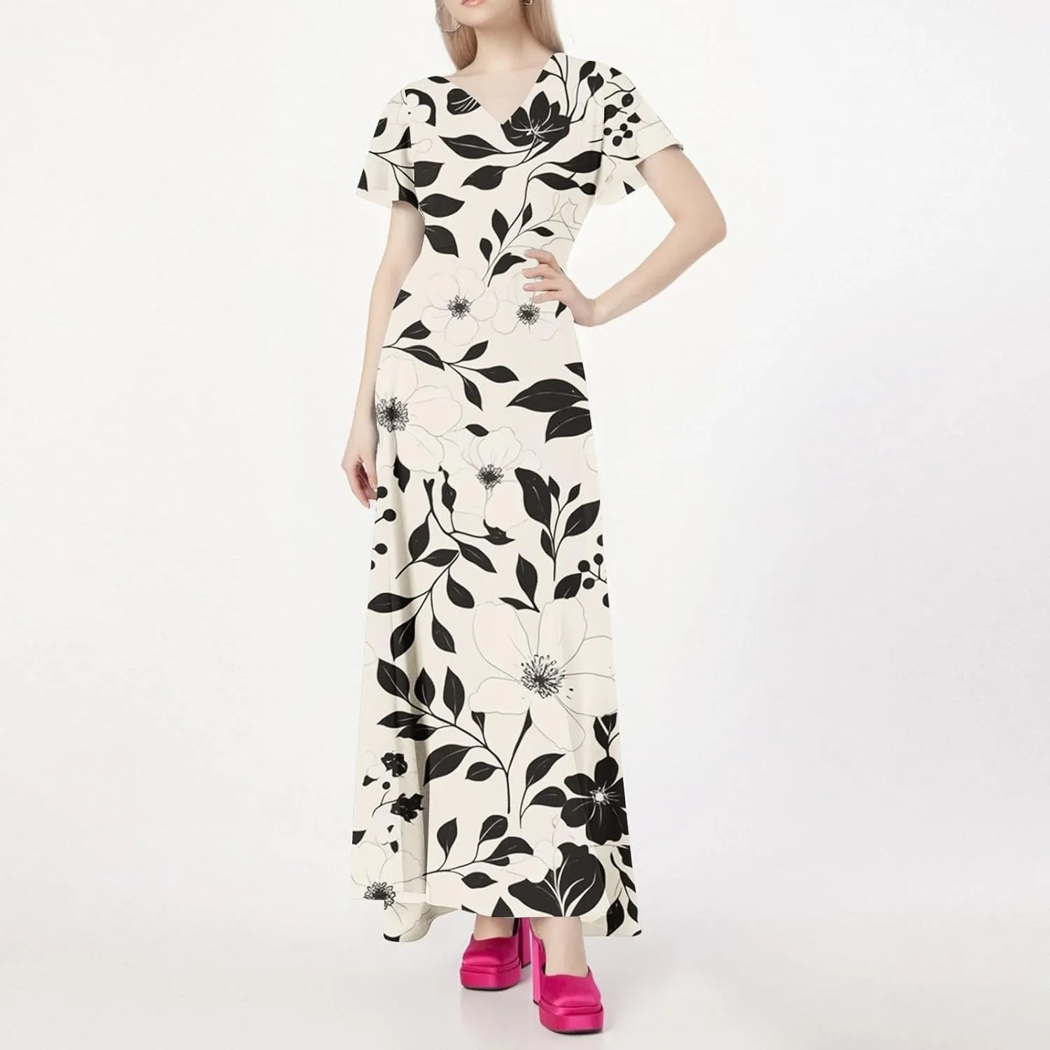 Spring Dresses for Women 2025,Wedding Guest Flowy Floral Maxi Dress Short Sleeve Vacation Women's Casual Dresses