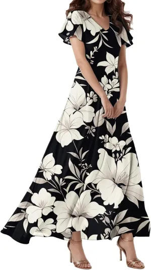 Spring Dresses for Women 2025,Wedding Guest Flowy Floral Maxi Dress Short Sleeve Vacation Women's Casual Dresses