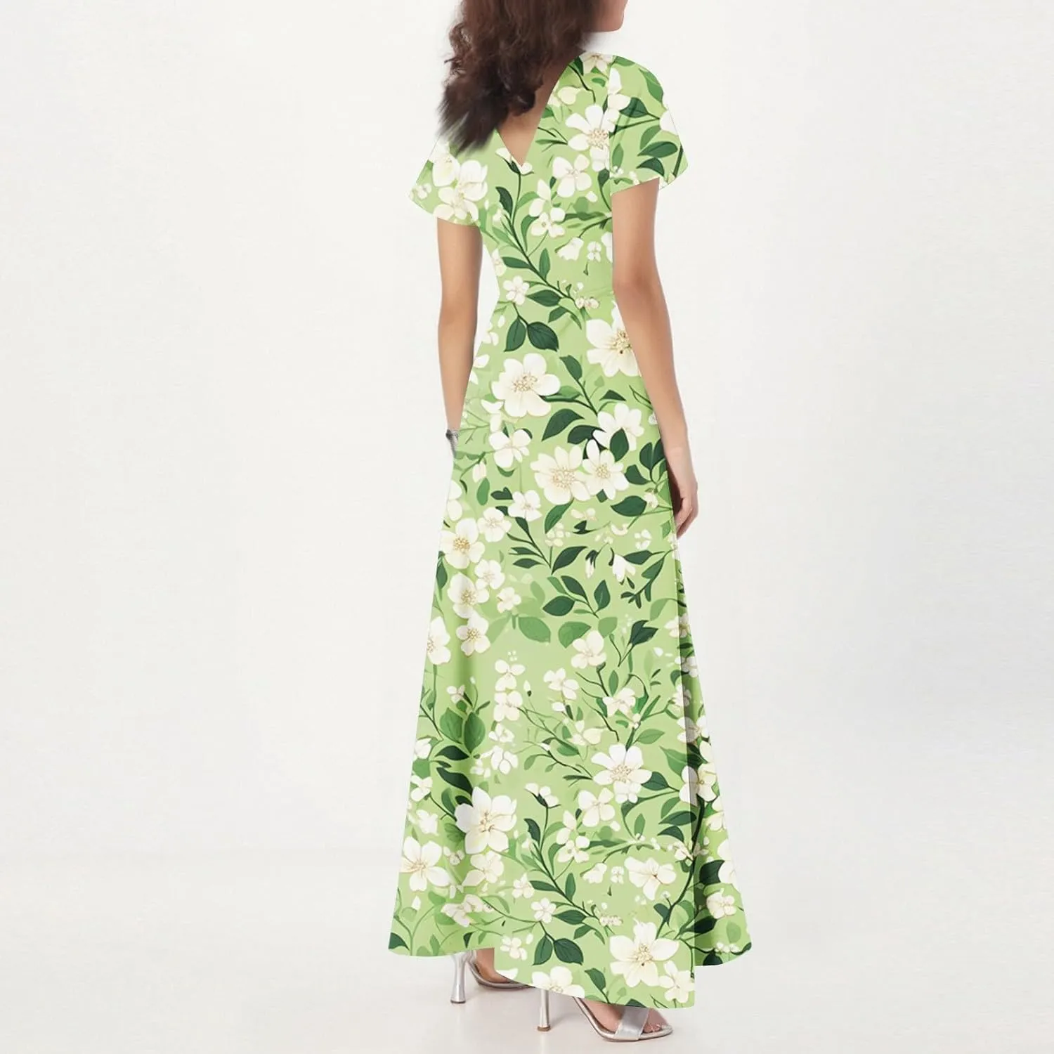 Spring Dresses for Women 2025,Wedding Guest Flowy Floral Maxi Dress Short Sleeve Vacation Women's Casual Dresses