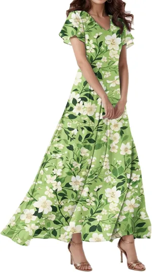 Spring Dresses for Women 2025,Wedding Guest Flowy Floral Maxi Dress Short Sleeve Vacation Women's Casual Dresses