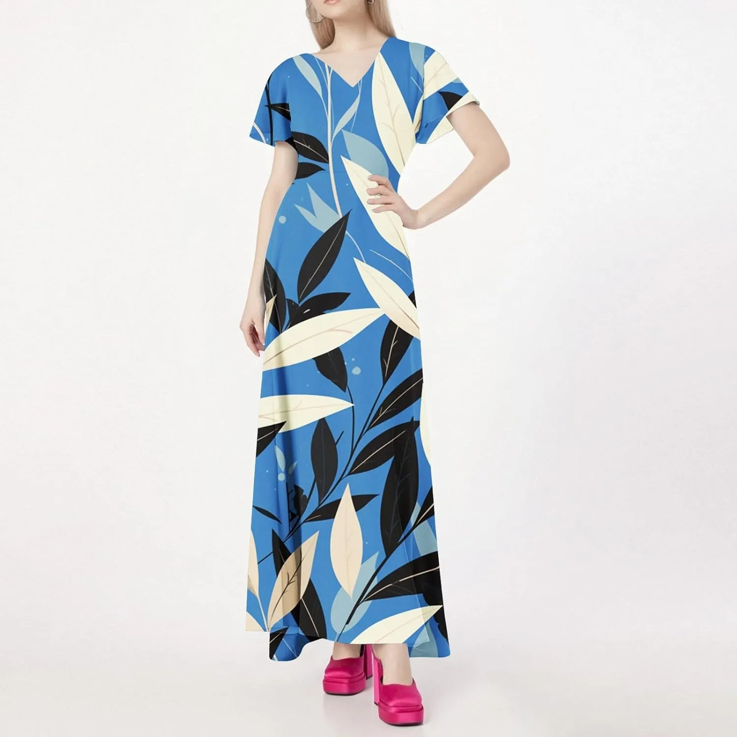 Spring Dresses for Women 2025,Wedding Guest Flowy Floral Maxi Dress Short Sleeve Vacation Women's Casual Dresses