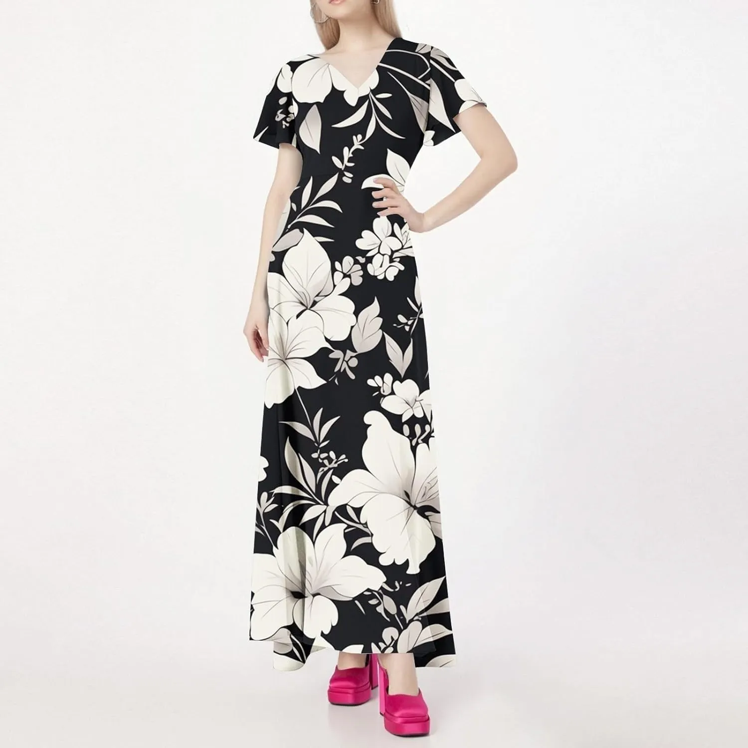 Spring Dresses for Women 2025,Wedding Guest Flowy Floral Maxi Dress Short Sleeve Vacation Women's Casual Dresses