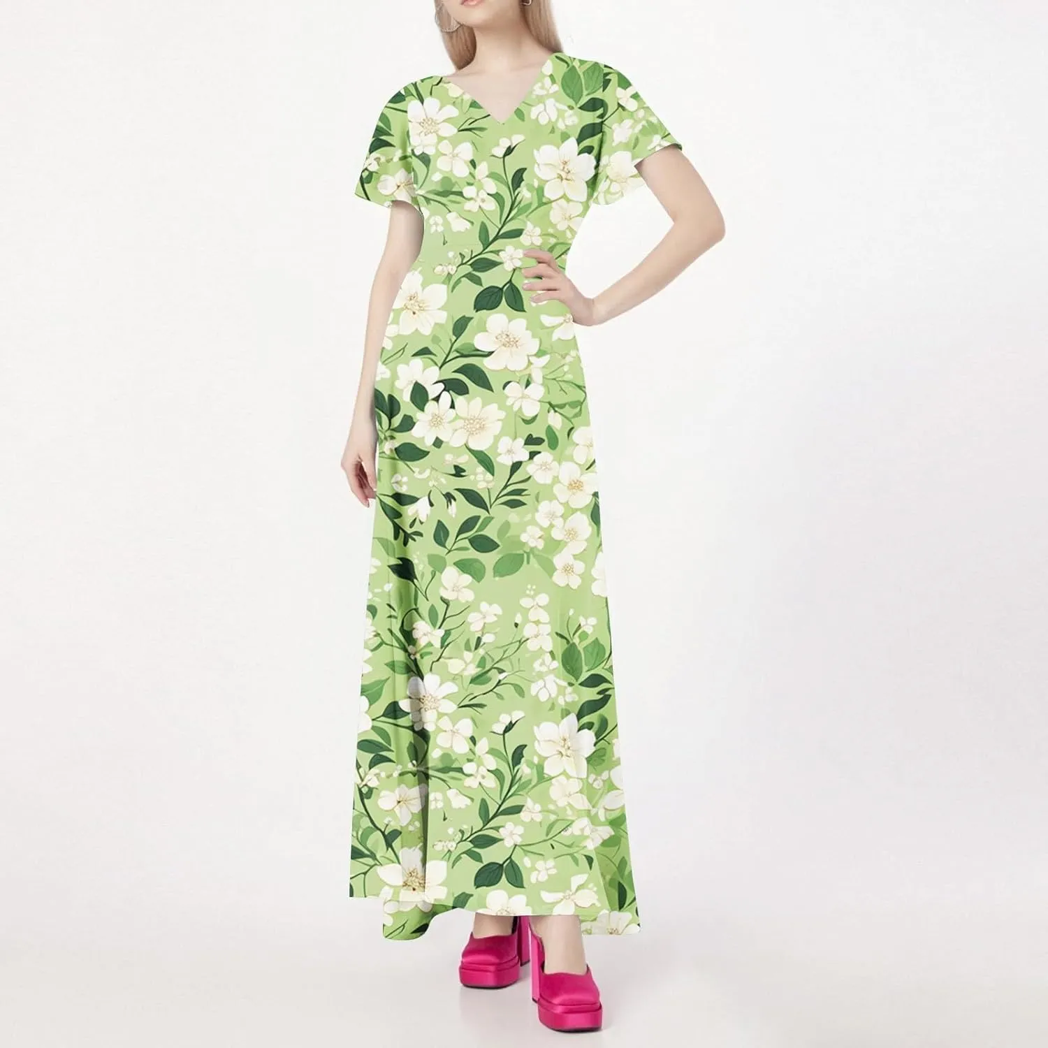Spring Dresses for Women 2025,Wedding Guest Flowy Floral Maxi Dress Short Sleeve Vacation Women's Casual Dresses