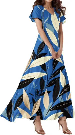 Spring Dresses for Women 2025,Wedding Guest Flowy Floral Maxi Dress Short Sleeve Vacation Women's Casual Dresses