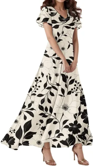 Spring Dresses for Women 2025,Wedding Guest Flowy Floral Maxi Dress Short Sleeve Vacation Women's Casual Dresses