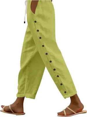 Straight Leg Linen Pants Women Summer Boho Striped Pants Comfy Drawstring Side Button Casual Beach Pants with Pockets