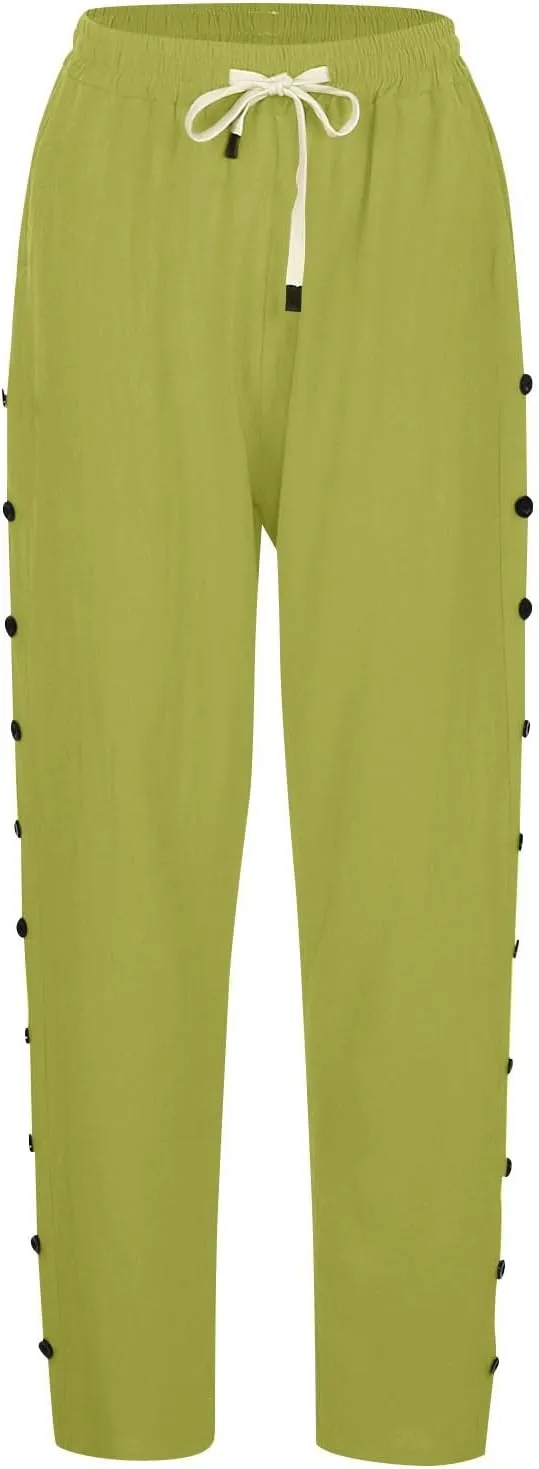 Straight Leg Linen Pants Women Summer Boho Striped Pants Comfy Drawstring Side Button Casual Beach Pants with Pockets