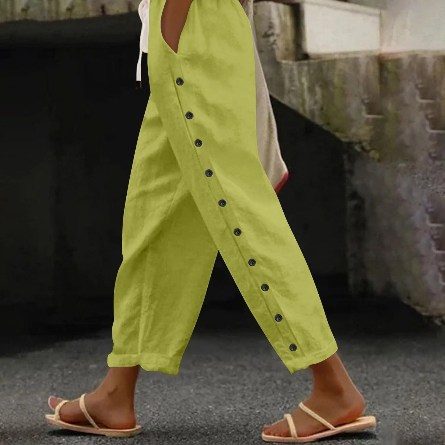 Straight Leg Linen Pants Women Summer Boho Striped Pants Comfy Drawstring Side Button Casual Beach Pants with Pockets