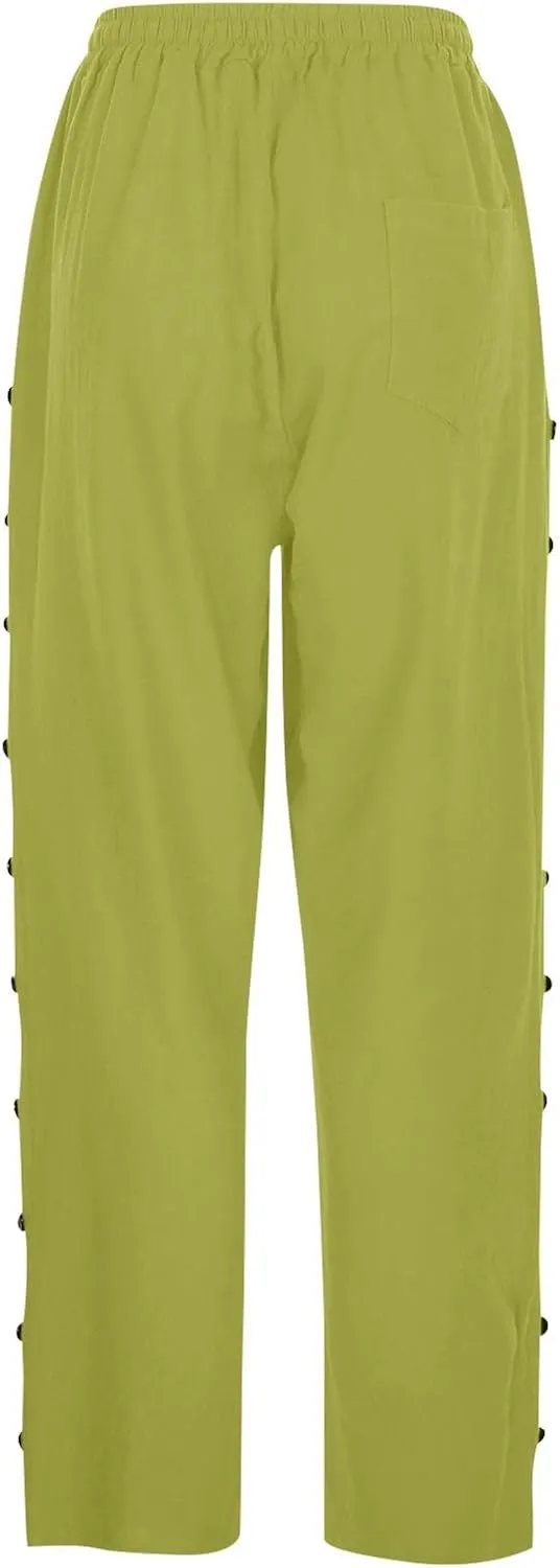 Straight Leg Linen Pants Women Summer Boho Striped Pants Comfy Drawstring Side Button Casual Beach Pants with Pockets