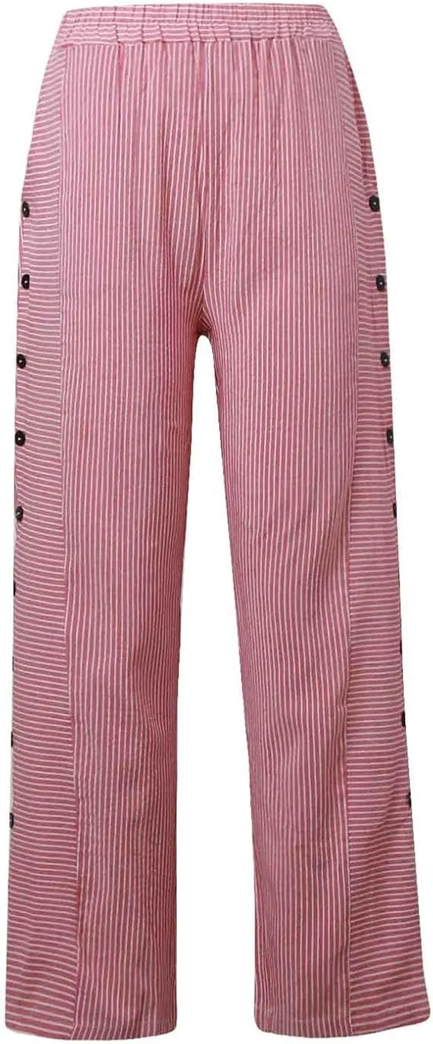 Striped Linen Pants Women Side Button Elastic Waist Capri Gauze Pants Lightweight Summer Beach Cropped Trousers 2025