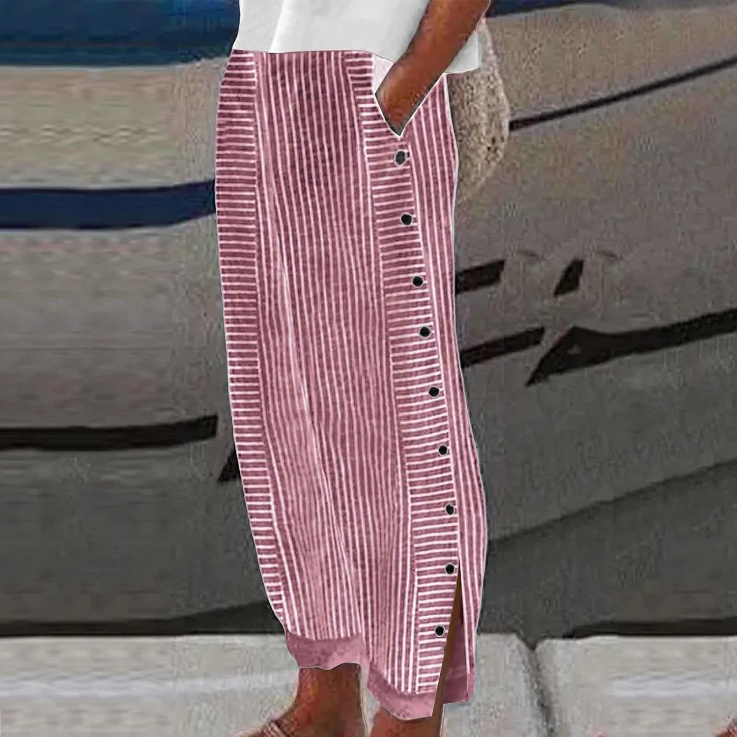 Striped Linen Pants Women Side Button Elastic Waist Capri Gauze Pants Lightweight Summer Beach Cropped Trousers 2025