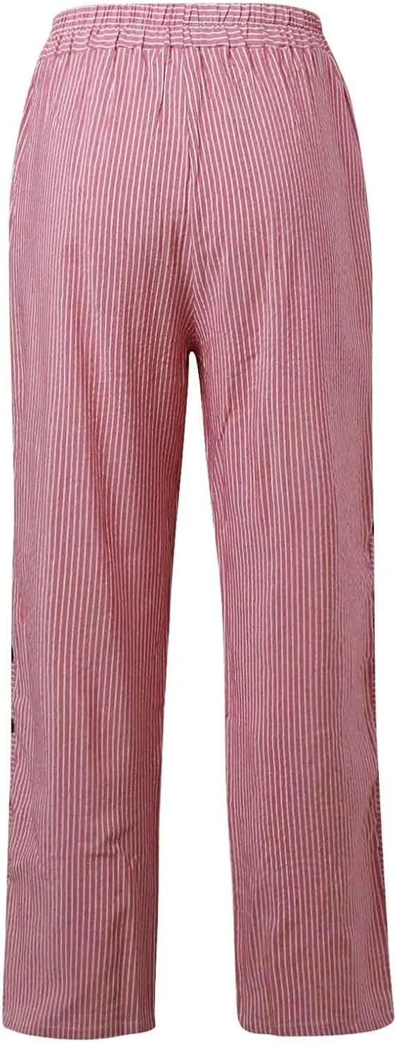 Striped Linen Pants Women Side Button Elastic Waist Capri Gauze Pants Lightweight Summer Beach Cropped Trousers 2025