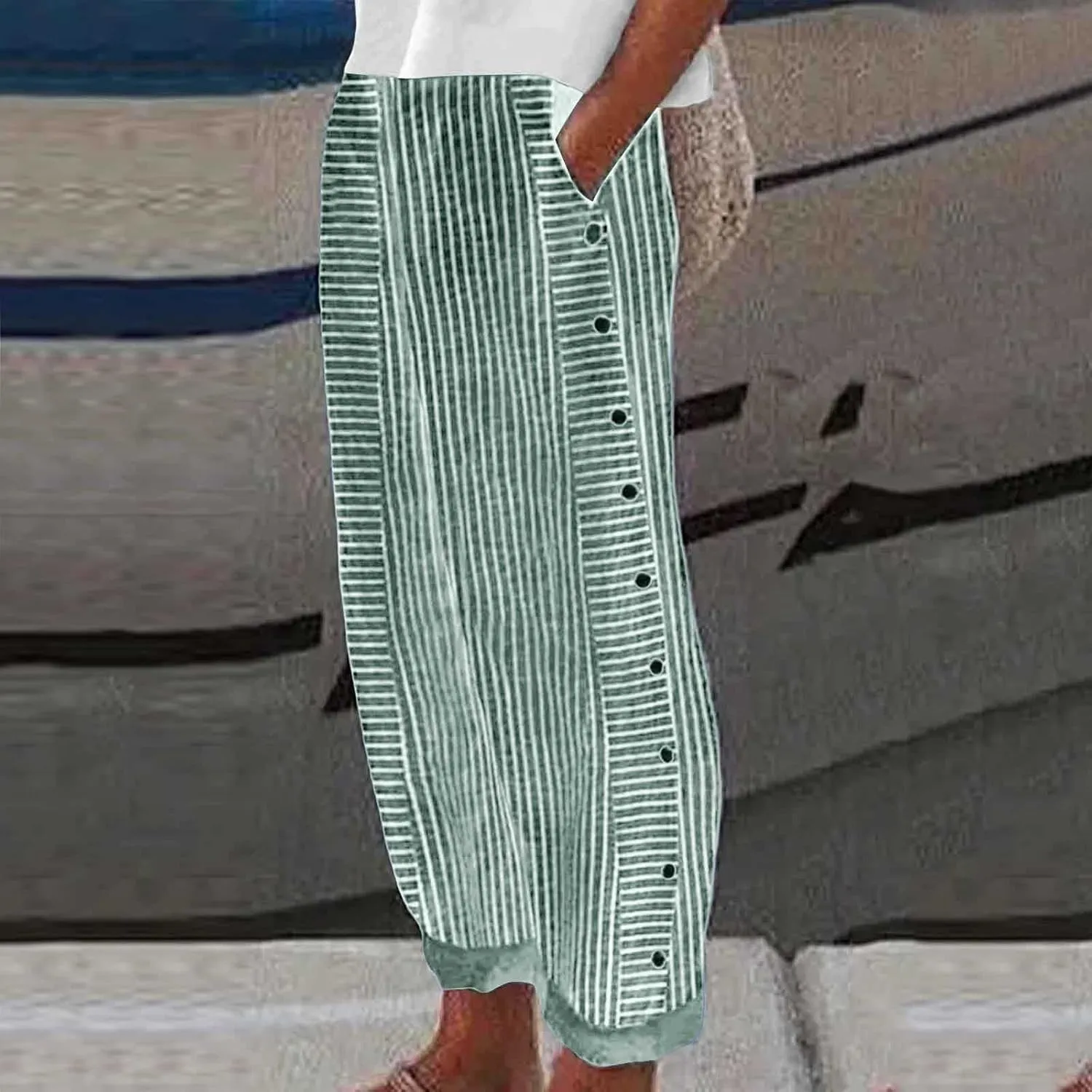 Striped Linen Pants Women Side Button Elastic Waist Capri Gauze Pants Lightweight Summer Beach Trousers with Pockets