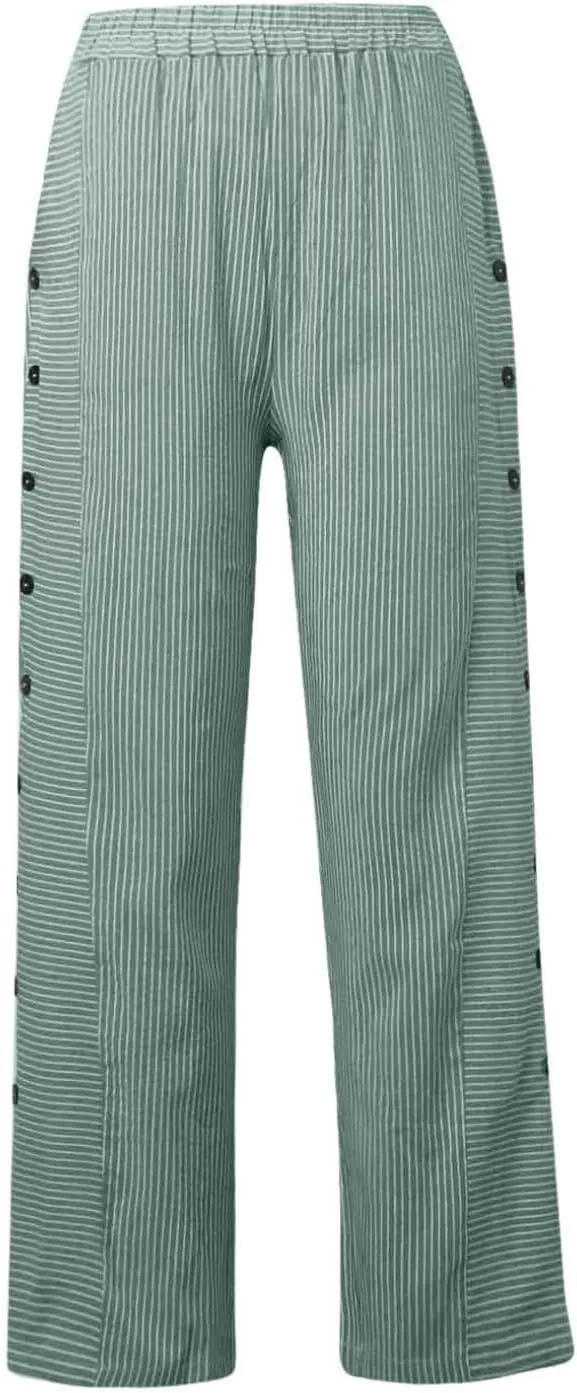 Striped Linen Pants Women Side Button Elastic Waist Capri Gauze Pants Lightweight Summer Beach Trousers with Pockets