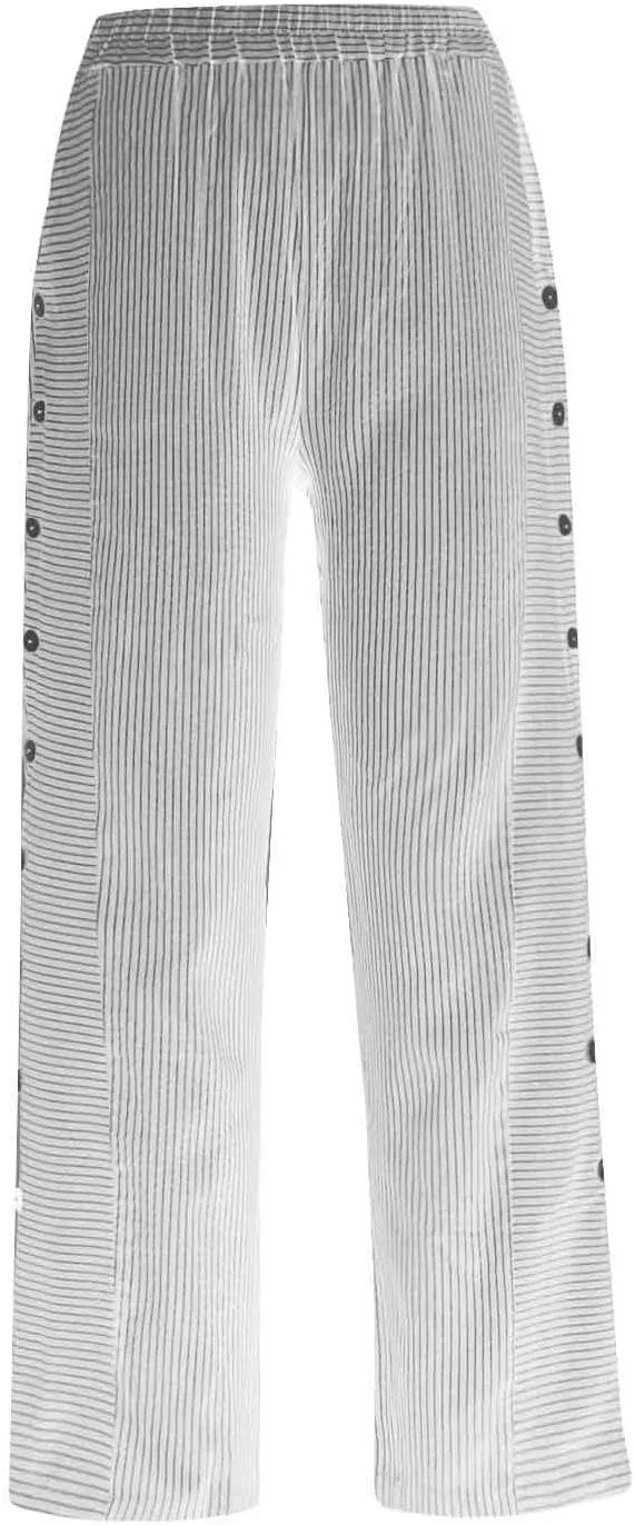 Striped Linen Pants Women Side Button Elastic Waist Straight Leg Pants Printed Loose Summer Beach Boho Trousers with Pockets