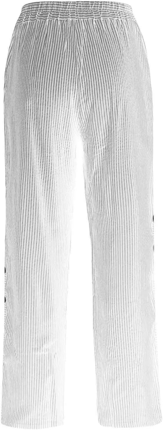 Striped Linen Pants Women Side Button Elastic Waist Straight Leg Pants Printed Loose Summer Beach Boho Trousers with Pockets