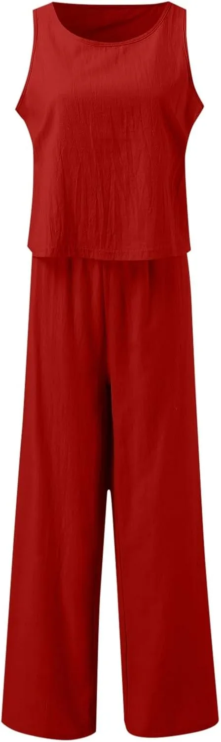 Summer 2-Piece Linen Lounge Set for Women Sleeveless Crop Top & Cropped Wide-Leg Pocket Pants Casual Vacation Outfit