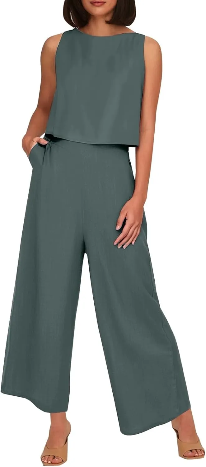 Summer 2-Piece Linen Lounge Set for Women Sleeveless Crop Top & Cropped Wide-Leg Pocket Pants Casual Vacation Outfit