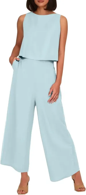 Summer 2-Piece Linen Lounge Set for Women Sleeveless Crop Top & Cropped Wide-Leg Pocket Pants Casual Vacation Outfit