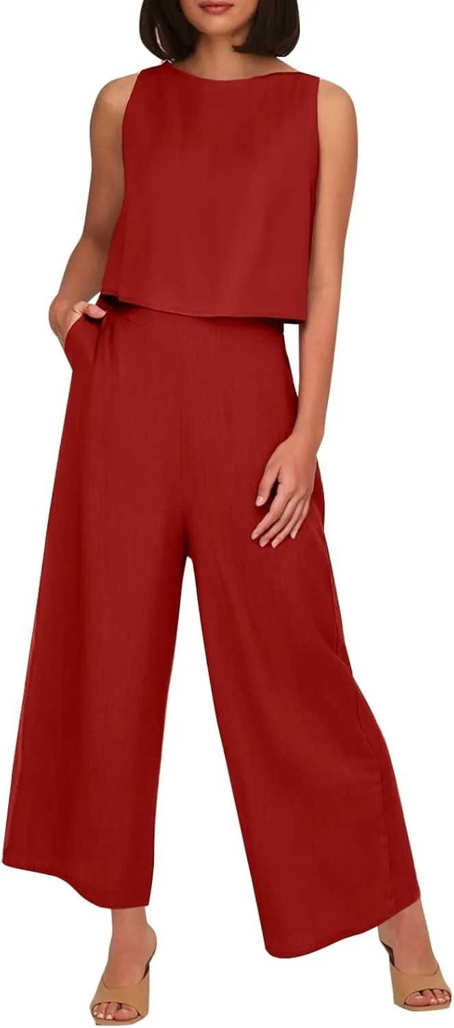 Summer 2-Piece Linen Lounge Set for Women Sleeveless Crop Top & Cropped Wide-Leg Pocket Pants Casual Vacation Outfit