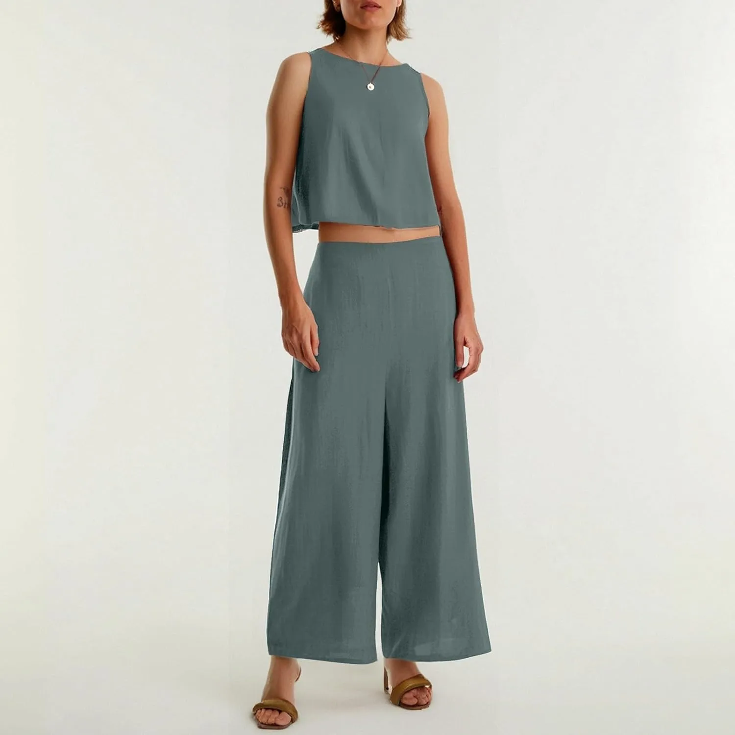 Summer 2-Piece Linen Lounge Set for Women Sleeveless Crop Top & Cropped Wide-Leg Pocket Pants Casual Vacation Outfit