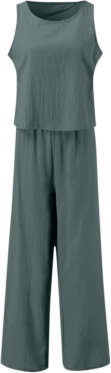 Summer 2-Piece Linen Lounge Set for Women Sleeveless Crop Top & Cropped Wide-Leg Pocket Pants Casual Vacation Outfit