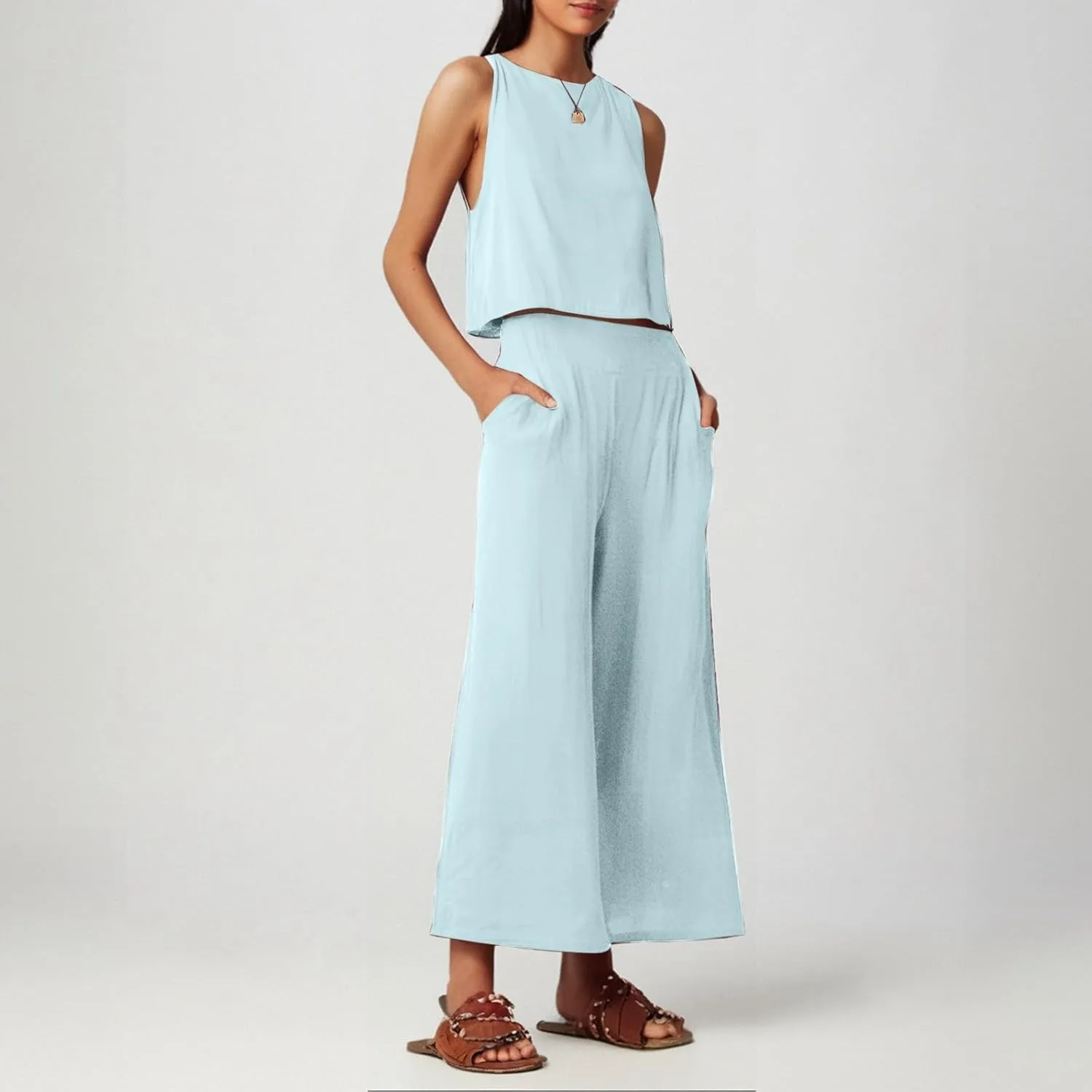 Summer 2-Piece Linen Lounge Set for Women Sleeveless Crop Top & Cropped Wide-Leg Pocket Pants Casual Vacation Outfit