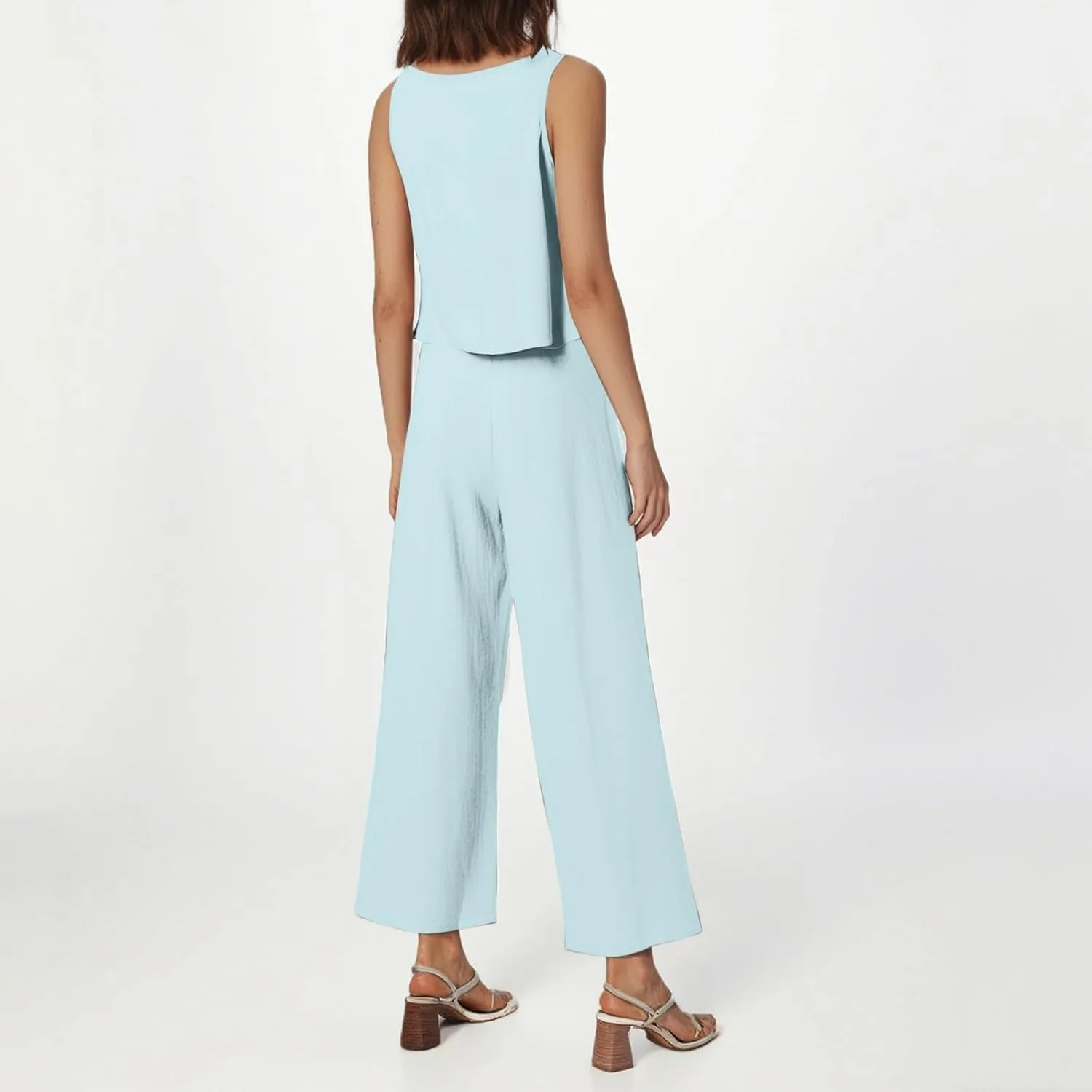 Summer 2-Piece Linen Lounge Set for Women Sleeveless Crop Top & Cropped Wide-Leg Pocket Pants Casual Vacation Outfit
