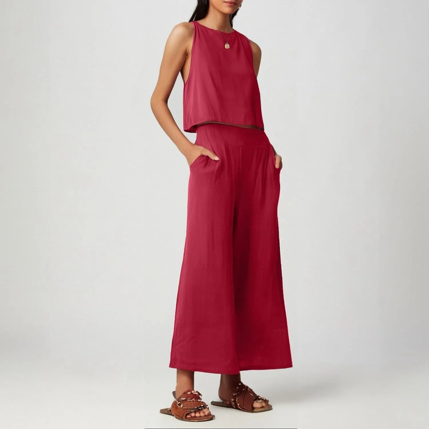 Summer 2-Piece Linen Lounge Set for Women Sleeveless Crop Top & Cropped Wide-Leg Pocket Pants Casual Vacation Outfit