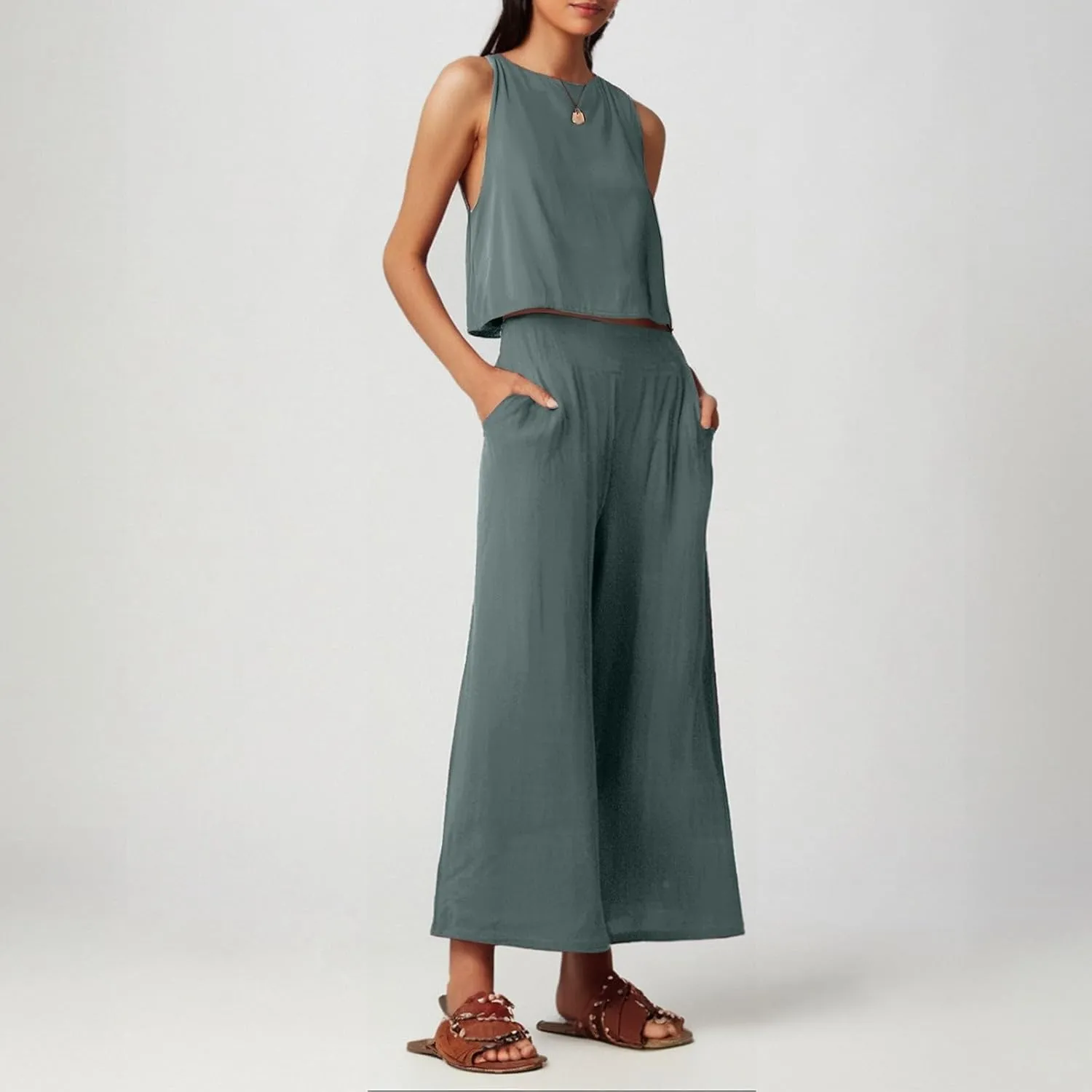Summer 2-Piece Linen Lounge Set for Women Sleeveless Crop Top & Cropped Wide-Leg Pocket Pants Casual Vacation Outfit