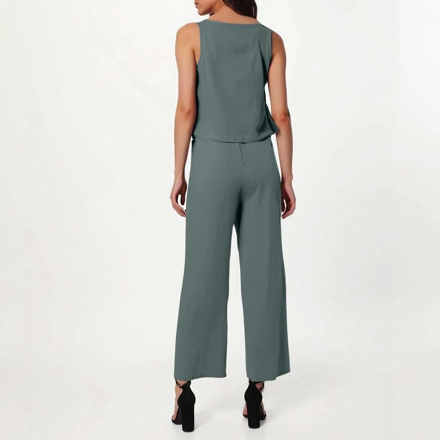 Summer 2-Piece Linen Lounge Set for Women Sleeveless Crop Top & Cropped Wide-Leg Pocket Pants Casual Vacation Outfit