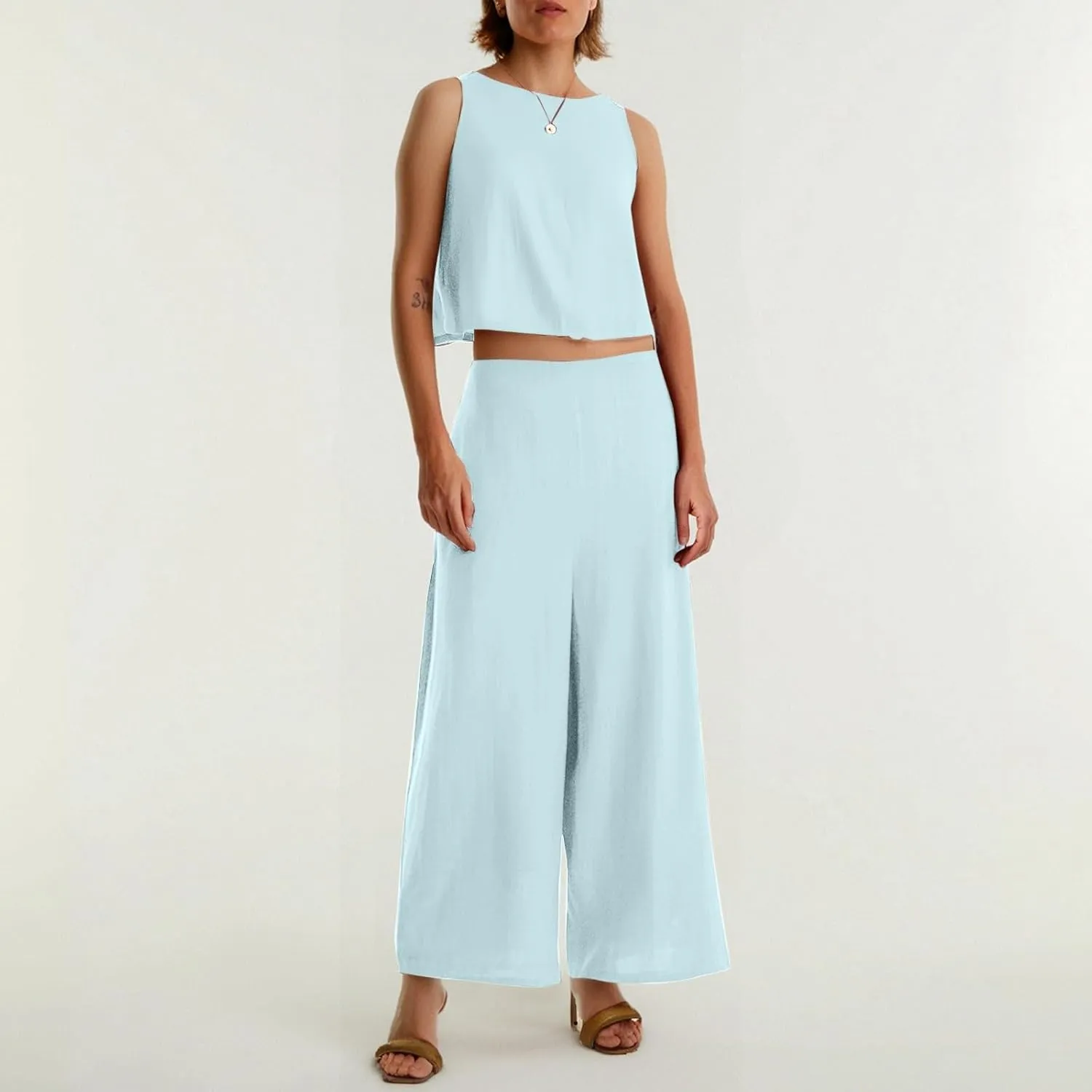 Summer 2-Piece Linen Lounge Set for Women Sleeveless Crop Top & Cropped Wide-Leg Pocket Pants Casual Vacation Outfit