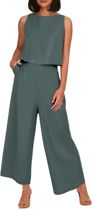 Summer 2-Piece Linen Lounge Set for Women Sleeveless Crop Top & Cropped Wide-Leg Pocket Pants Casual Vacation Outfit