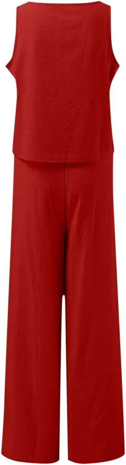 Summer 2-Piece Linen Lounge Set for Women Sleeveless Crop Top & Cropped Wide-Leg Pocket Pants Casual Vacation Outfit