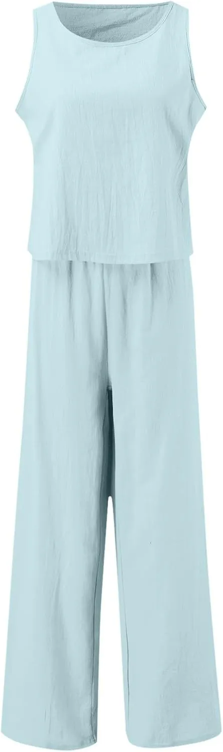 Summer 2-Piece Linen Lounge Set for Women Sleeveless Crop Top & Cropped Wide-Leg Pocket Pants Casual Vacation Outfit