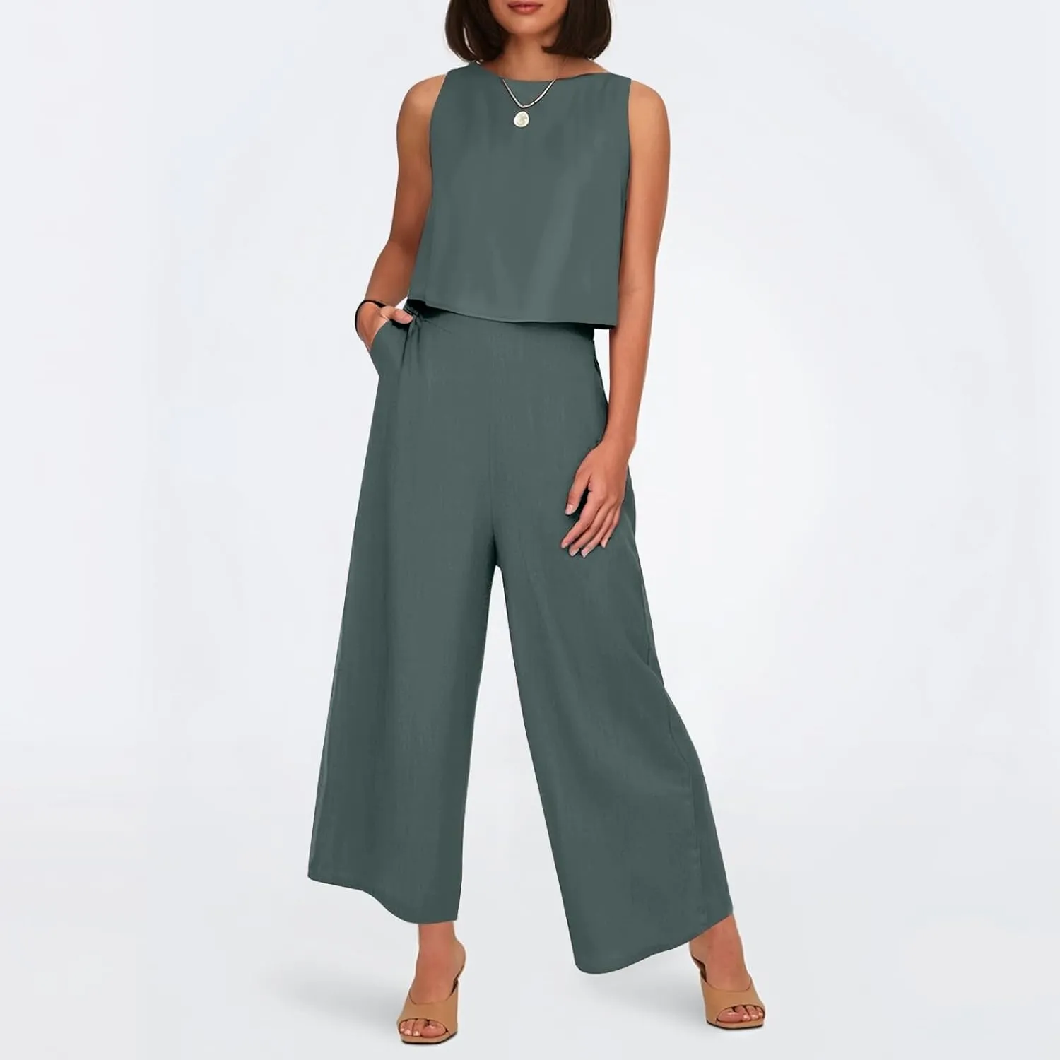 Summer 2-Piece Linen Lounge Set for Women Sleeveless Crop Top & Cropped Wide-Leg Pocket Pants Casual Vacation Outfit